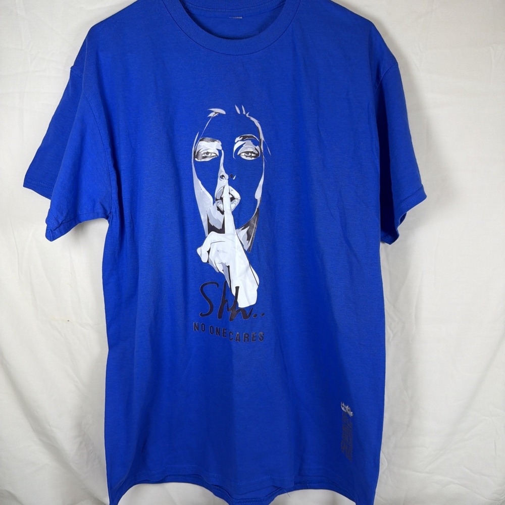 Shh No One Cares Graphic T-Shirt Blue Face Print Short Sleeve Tee